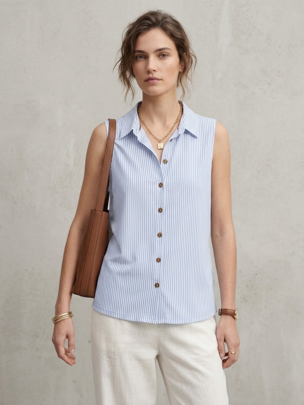 Tommy Hilfiger Light Blue & White Pinstripe Sleeveless Button-Front Top